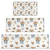 White Highland Cow Bucket Flower Pattern Kitchen Rugs Sets Of 3,Kitchen Runner Rugs Non Skid Washable,Decorative Kitchen Floor Mats for Kitchen,Sink,Laundry,17"x30"  17"x47"   17"x59"