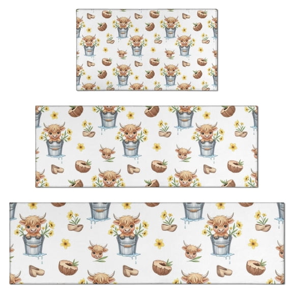 White Highland Cow Bucket Flower Pattern Kitchen Rugs Sets Of 3,Kitchen Runner Rugs Non Skid Washable,Decorative Kitchen Floor Mats for Kitchen,Sink,Laundry,17"x30"  17"x47"   17"x59"