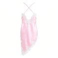thumbnail image 7 of Flowy Asymmetrical Tops for Women Satin Deep V Neck Spaghetti Strap Tank Top Lace Trim Silky Casual Evening Wear Camisole, #03 Pink, XL, 7 of 7