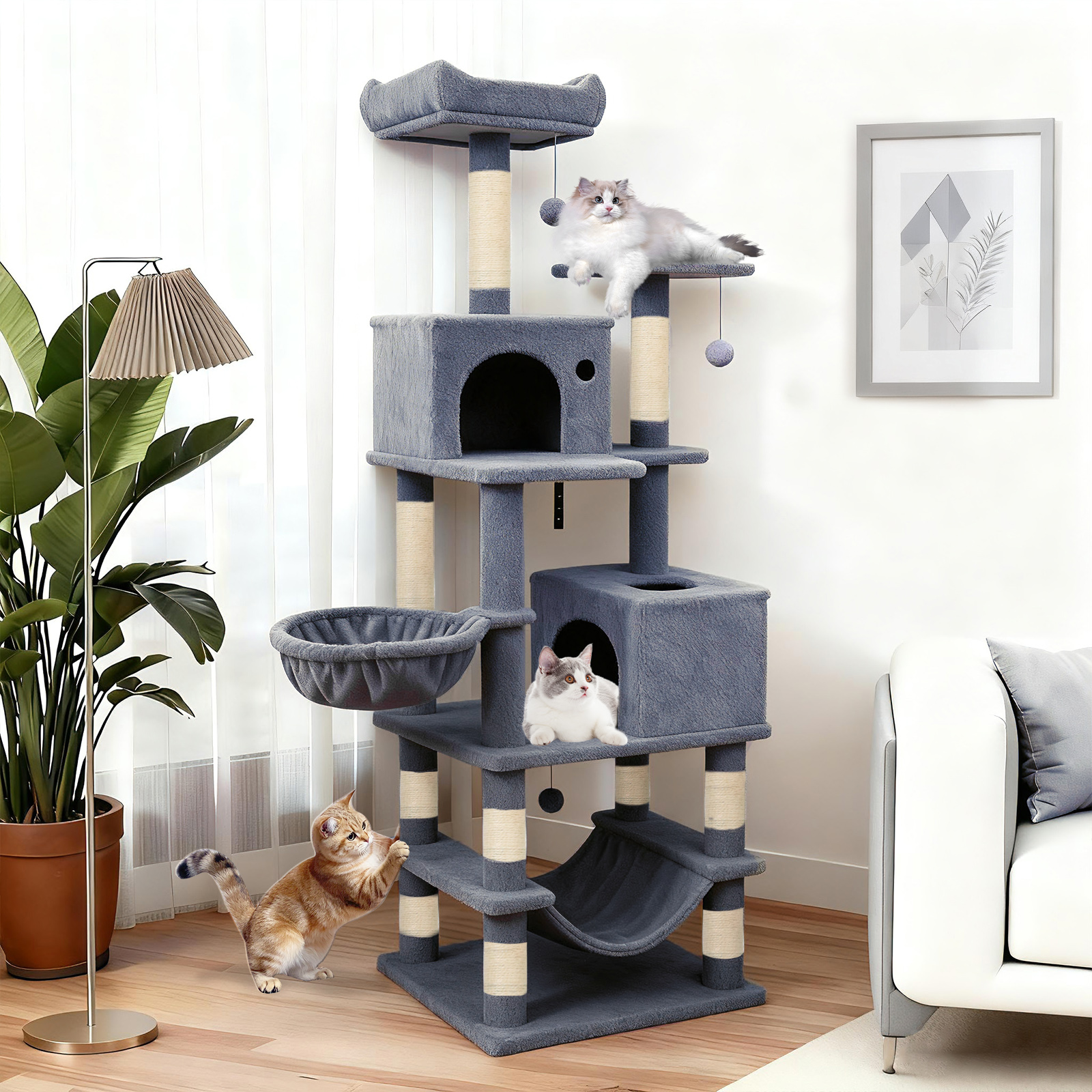 Gymax 66'' Tall Cat Tree w/2 Condos Sisal Scratching Posts Plush Perch Hammock Basket Dark Gray