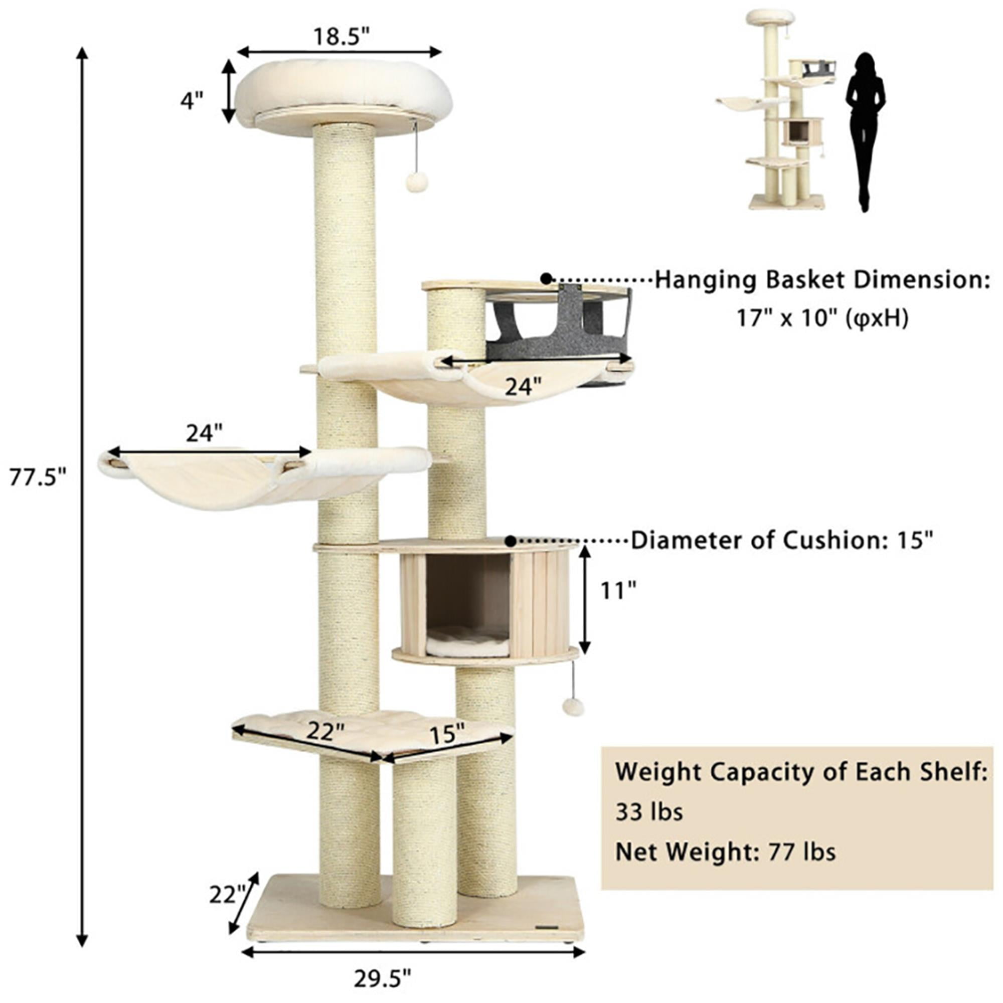Kadyn 77" Wood Cat Tree Tower for Indoor Cats, Multi-Level Cat Condo with Scratching Posts, Perch, Washable Removable Cushions, Cat Furniture, Beige