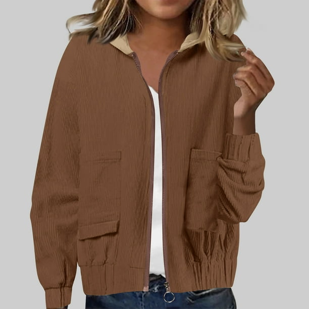 Chaquetas y abrigos casuales con capucha y manga larga para mujer, chaqueta de pana con capucha de color liso, blusa informal de manga larga con cremallera para mujer