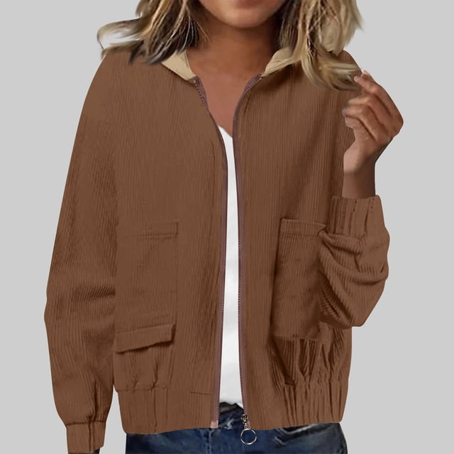 Chaquetas y abrigos casuales con capucha y manga larga para mujer, chaqueta de pana con capucha de color liso, blusa informal de manga larga con cremallera para mujer