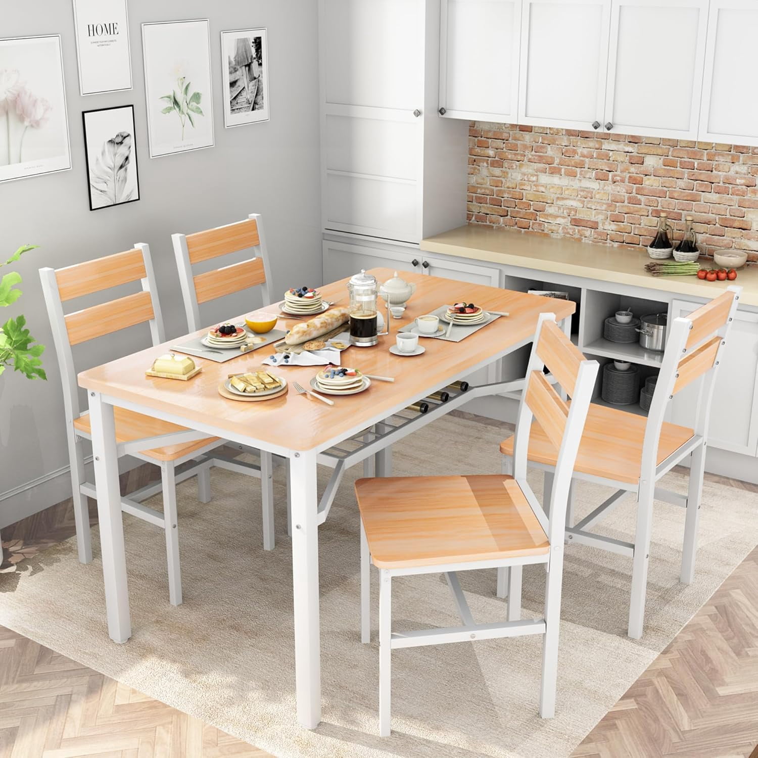 LinkRomat Dining Table Set for 4, Farmhouse Kitchen Table with 4 Wood Chairs, Dining Room Set for Breakfast Nook, Small Places, Restaurant, Beige