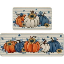 Fall Blue White Pumpkin Kitchen Rugs Set of 2, Autumn Sunflower Stripes Kitchen Mats Decor, Thanksgiving Seasonal Floor Door Mat Home Decorations - 17x30 and 17x47 Inch