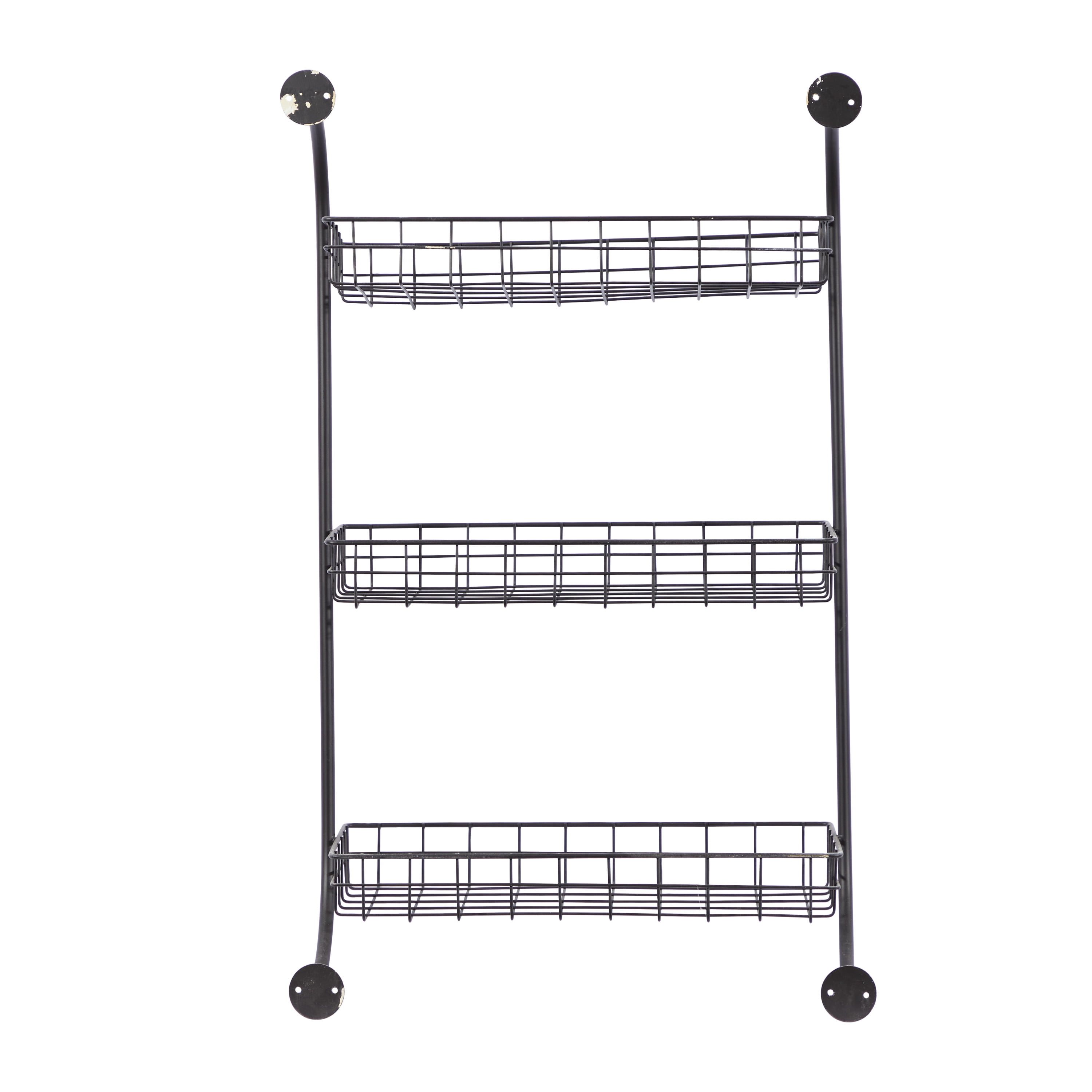 DecMode Black Metal 3 Shelves Room Wall Shelf with Suspended Baskets, 21" x 10" x 34"