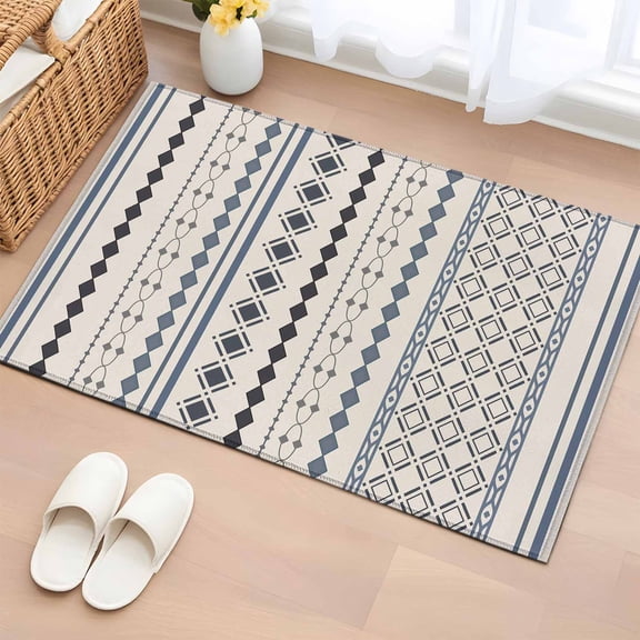 Boho Ethnic Entryway Rug 2'x3' Non Slip Front Door Mats, Aztec Bohemian Vintage Geometric Blue Rustic Entrance Rugs Indoor Outdoor Carpet, Washable Floor Mats Small Area Rug for Bedroom Kitchen