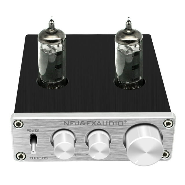 Amdohai FX-AUDIO TUBE-03 Mini HiFi Audio Preamplifier 6K4 Vacuum Tube Amplifier Buffer Treble Bass Adjustment RCA Preamp Silver US Plug