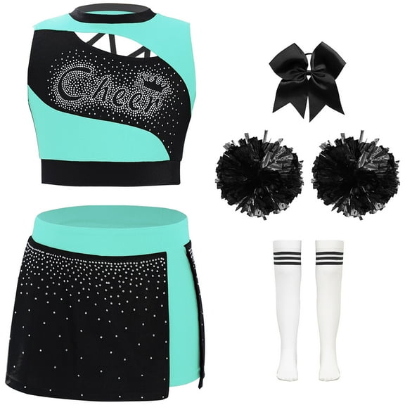 Alvivi Girls 5 Pieces  Cheer Leader Outfit Competition Fancy Dress Up Crop Top Skirt Headwear Flower Balls Socks A Blue Green Black 8