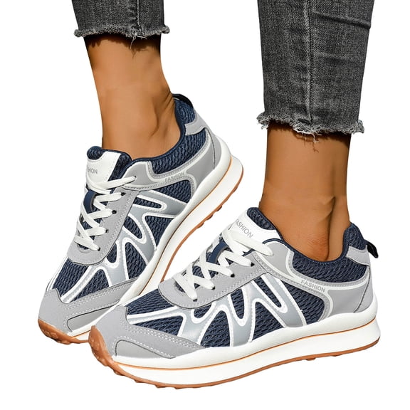 Rokment Womens Vintage Color Block Running Tennis Walking Shoes Fashion Sneakers Comfortable Breathable Mesh Memory Foam Basketball Volleyball Training Workout Fitness Skate Shoes Blue Size 5.5
