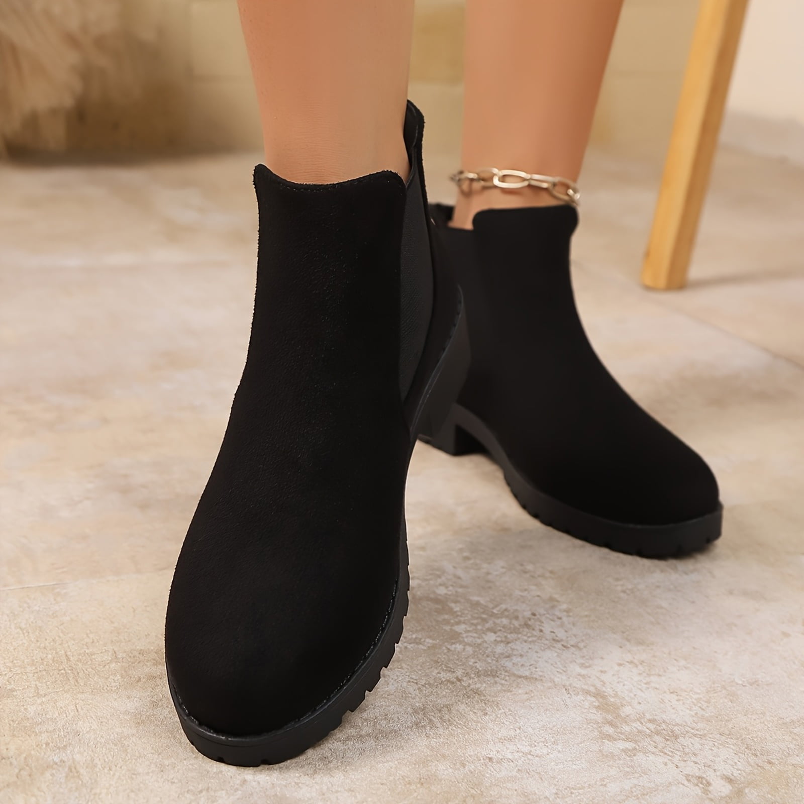 Willtoo Women's Ankle Boots Chunky Low Heels Booties Slip On Elastic Fall Short Boots Women Round Toe Casual Solid Suede Comfortable Bootie Outdoor Non-Slip Hiking Riding Boot Walking Shoes Black