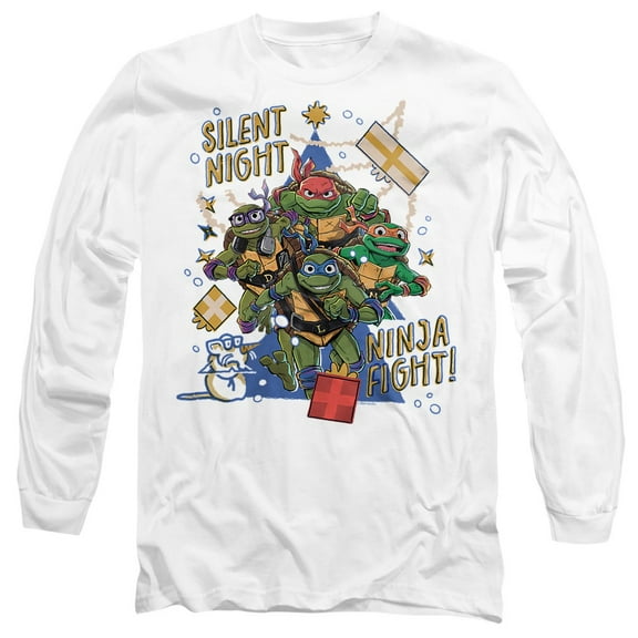 TMNT: Mutant Mayhem Christmas, Silent Night, Ninja Fight Unisex Adult Long-Sleeve T Shirt, White, X-Large