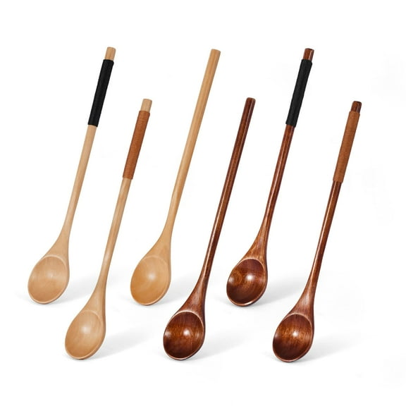 6 Pack Long Handle Tasting Tea Spoon Cooking Spoons Wooden Utensils Vintage Stirrer for Kitchen Soup Coffee Cocktail Honey Mixing Stirring