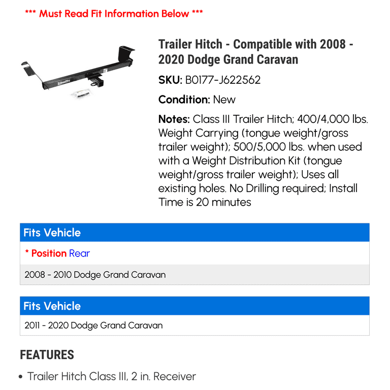 Trailer Hitch Compatible with 2008 2020 Dodge Grand Caravan 2009 2010 2011 2012 2013 2014 2015 2016 2017 2018 2019