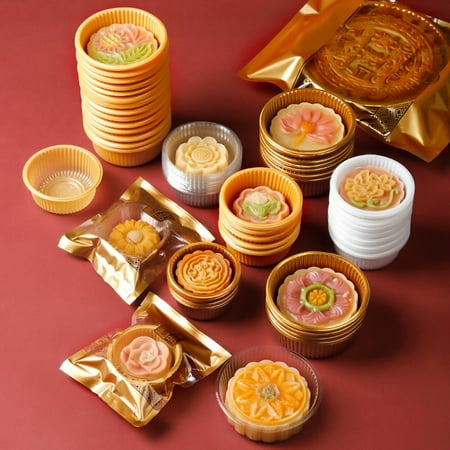 

Riguas 100Pcs Round Thick BPA Free Moon Cake Trays Stackable Space Saving Mung Bean Cake Packaging Trays for Mid-Autumn Festival