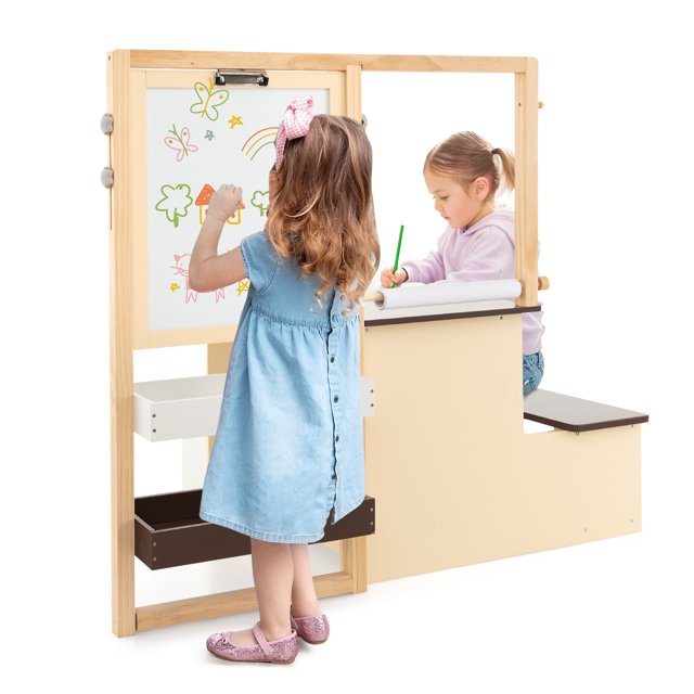 Patiojoy Ensemble Chevalet d'Art pour Enfants & Table & Banc Centre d'Art Multifonction Bureau avec Grand Rangement Chevalet Réglable Double Face Rouleau de Papier Remplaçable Café