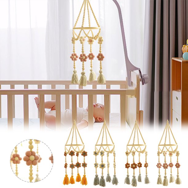 Campanas de viento de lana para cuna | Campanilla de viento colgante para flores e hilos | Cuentas de madera y anillo redondo de madera | Decoración de la guardería | Sueño relajante móvil | 1 Pieza
