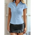 thumbnail image 4 of Women'S Ruched Button Up Blouses Collar V Neck Short Sleeve Work Shirts Blue L, 4 of 5