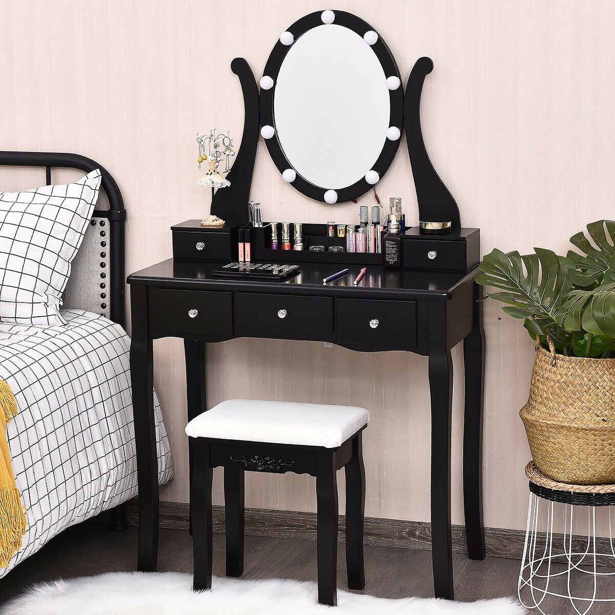 Gymax Vanity Table Set Makeup Dressing Table with10 Light Bulbs and Touch Switch, Black
