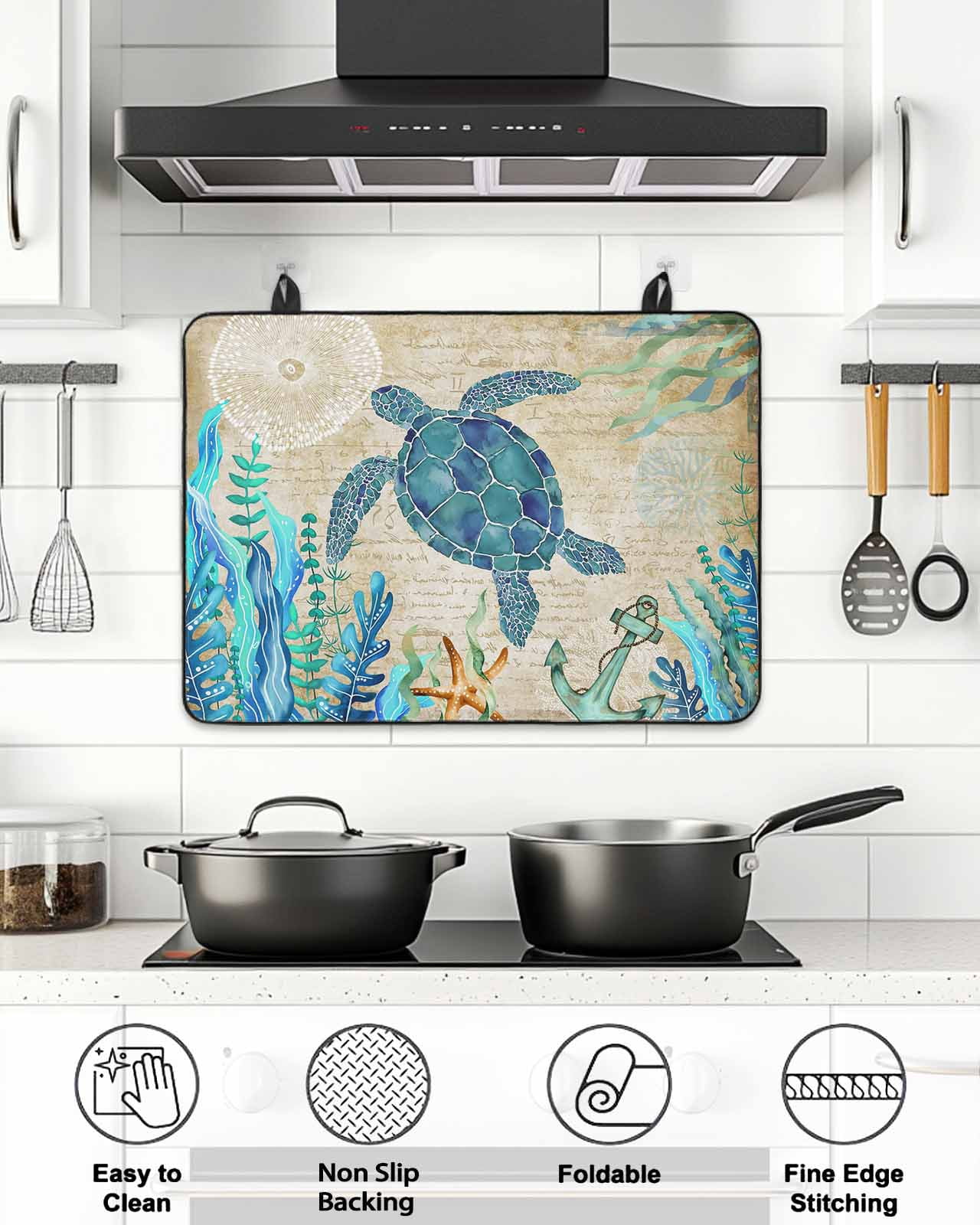 Stove Top Covers for Electric Stove, Teal Sea Turtle Coastal Glass Stovetop Cover Protector, Vintage Summer Beach Seaweed Induction Cooktop Protector Oven Mat for Kitchen Countertop 24"x21"
