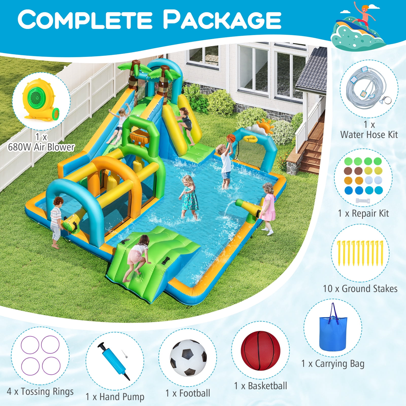 Gymax Inflatable Water Slide w/Splash Pool Climbing Wall Football Goal 680W Blower