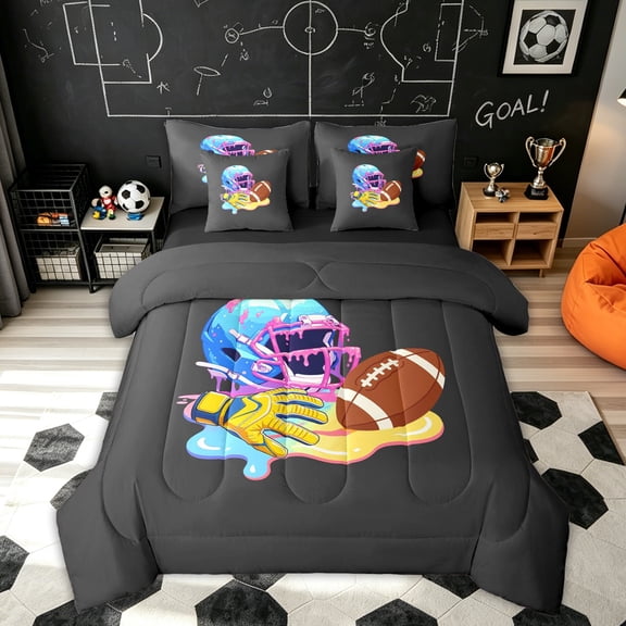 Feelyou Ice Cream Football Twin Bedding for Kids, Conut Drip Helmet Sport Bedding Comforter Set, Black Reversible, 7pcs