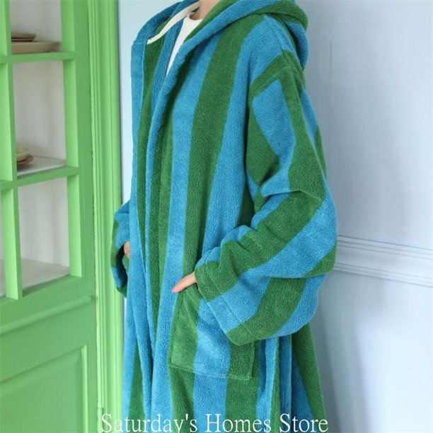 Retro Vertical Striped CottonYarn Bathrobes Soft Cozy Absorbent Bath Towel Robes V Neck Hooded Loose Sleepwear Adult Bath Robes