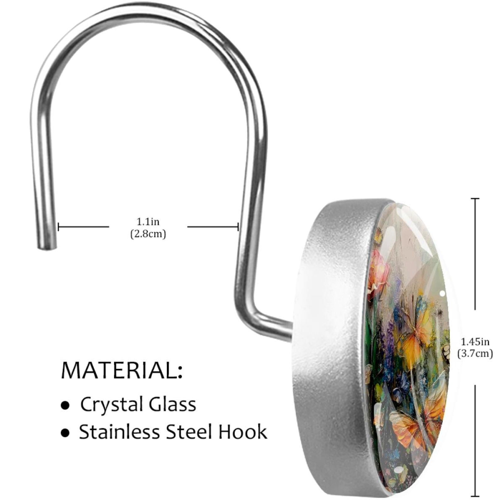 Butterfly Daisy Flower Painting Shower Curtain Hooks Round Crystal Glass, Set of 12 Shower Curtain Rings - Shower Hooks for Curtain Shower Rings