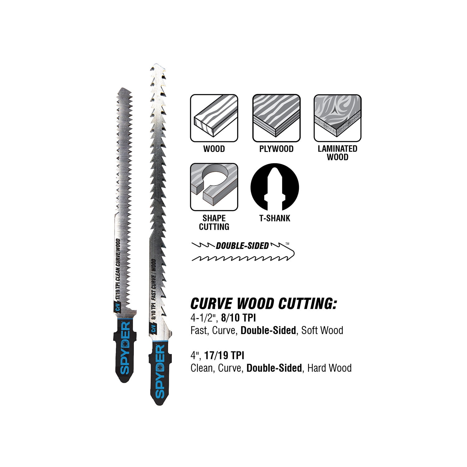 Spyder Skeleton™ 8-Piece Double-Sided And Skeleton T-Shank High-Carbon Steel Jig Saw Blade Set 300037