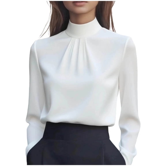 Ltctricy Blouses for Women Trendy Long Sleeve Mock Turtleneck Pleated Front Business Casual Work Shirts Dressy Work Tops(White,X-Large)