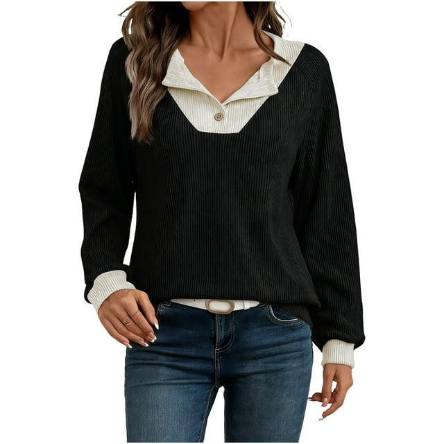 HAiming Women's Splicing Tops Button V-Neck Casual Long Sleeve Color Block Pullover Shirt Blouse Trendy Clothes
