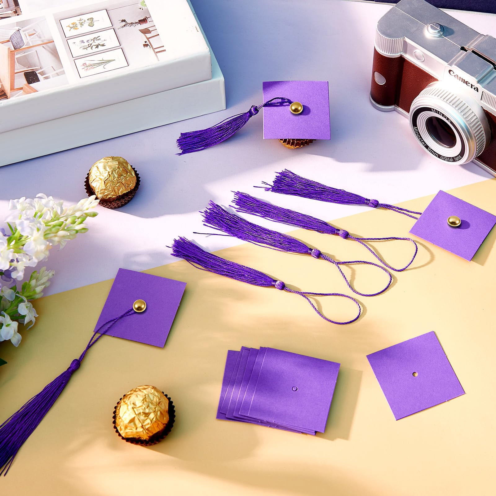 50 Purple Graduation Cap Cupcake Toppers Chocolate Mini Decor for Theme Parties