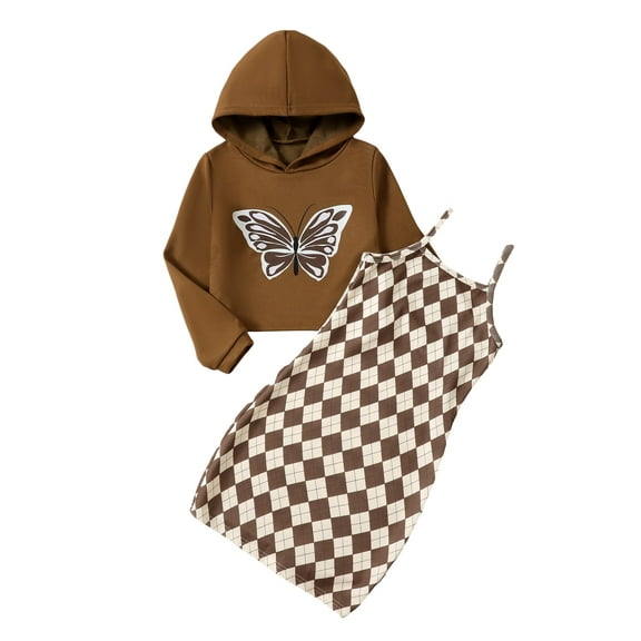 Kucnuzki 9 Years Big Girls Winter Outfits 10 Years Youth Child Kids Clothes Set Long Sleeve Butterfly Hooded Top Crop Top Sleeveless Plaid Slim Dress 2pcs Skirt Set Brown