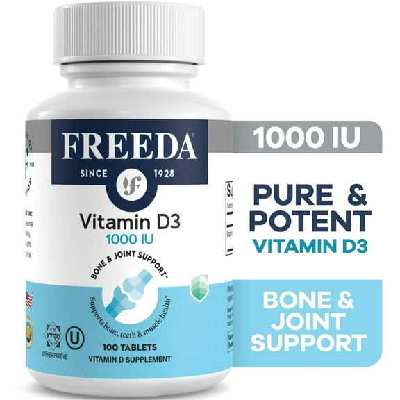 Freeda Vitamin D3 1000 IU Supplement | Bone, Teeth & Immune Support | Tiny Tablets | Kosher, Gluten Free | 100 Count