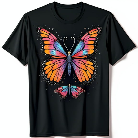 Vibrant Butterfly Design Black T-Shirt Nature Inspired Art with Details