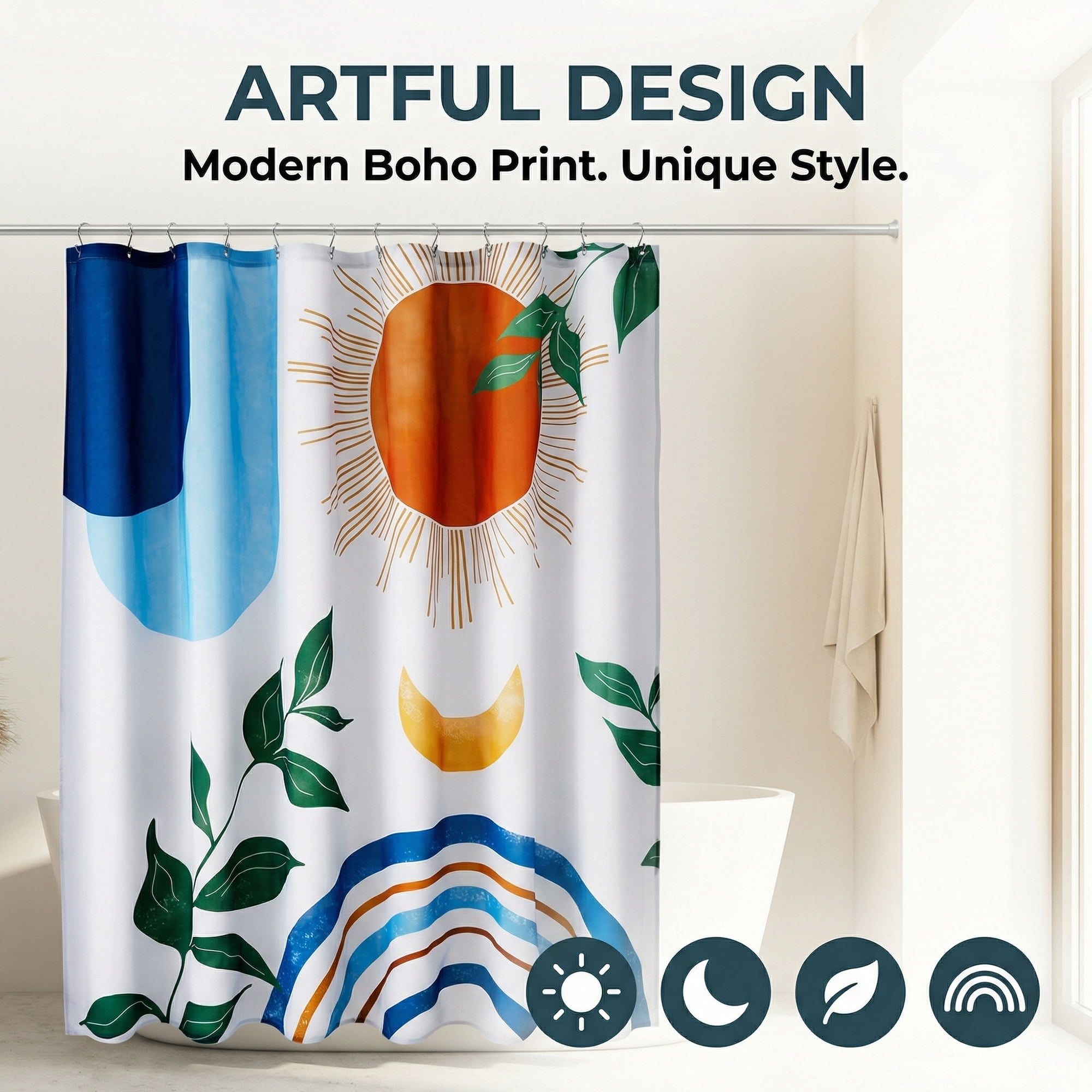 Unique Bargains Leaf Print Shower Curtain Bohemian Waterproof Set Blue Orange 71"W x 71"L