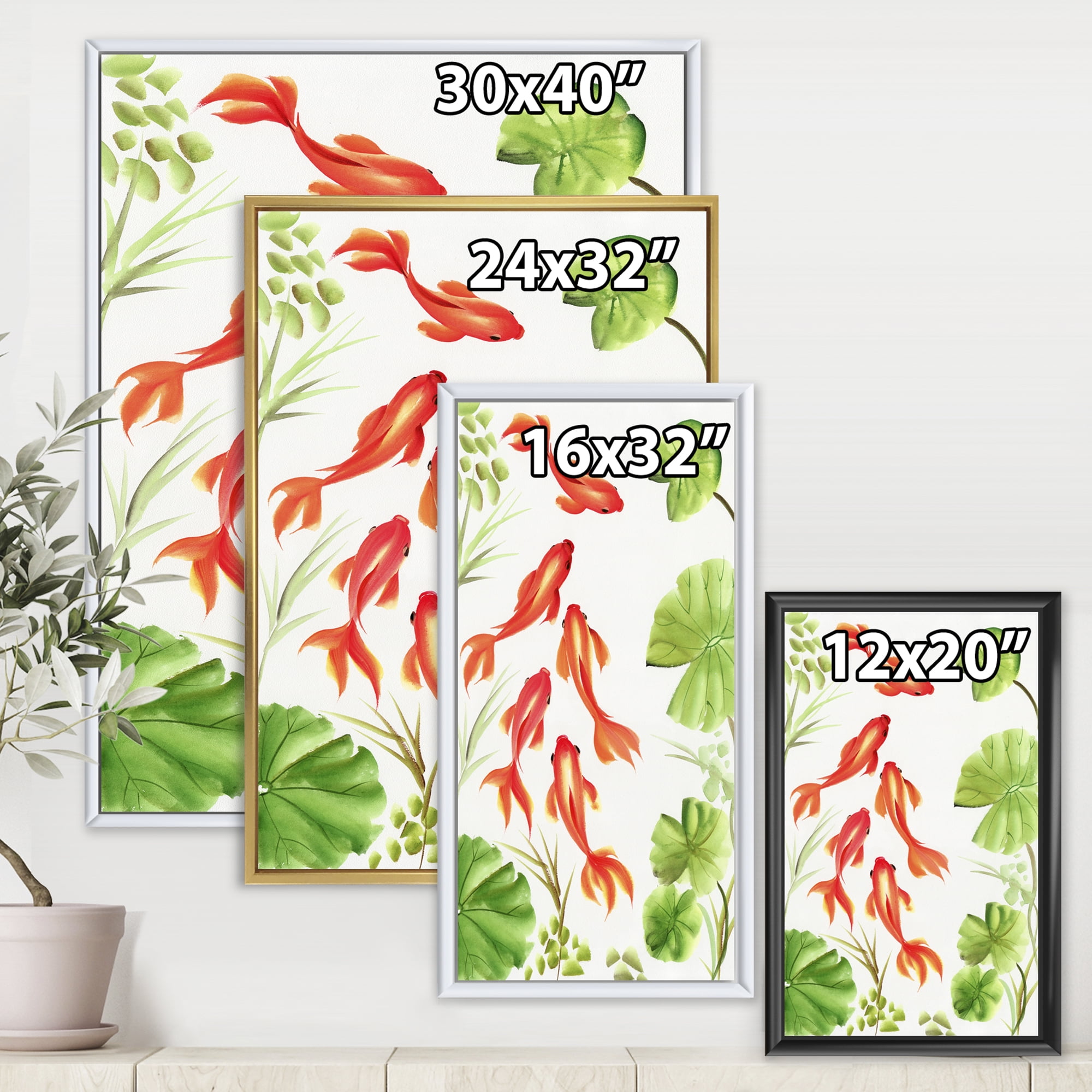 Ancient Goldfishes Among The Lotus Leaves 12 in x 20 in Framed Painting Canvas Art Print, by Designart