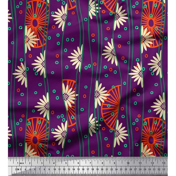 Soimoi Silk Fabric Circle,Floral & Wheel Ethnic Printed Craft Fabric by the Yard 42 Inch Wide