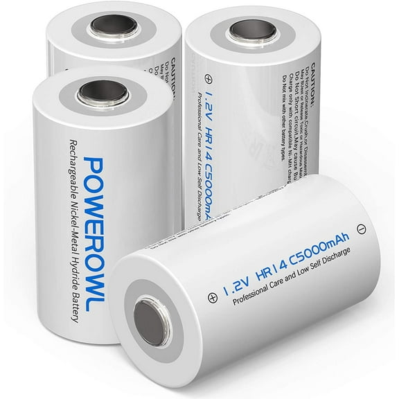 Powerowl Size C Rechargeable Batteries; 5000mAh 4 Pack Ni-MH; Rechargeable C Batteries
