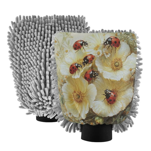 Qxltty Ladybugs Picking Flowers Car Wash Mitt 2pcs Scratch Free Lint-Free Antistatic Microfiber 7.09×10.24in