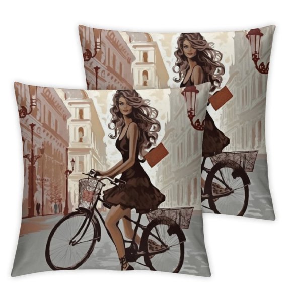 Paris Throw Pillow Cushion Cover, Classic French Scenario of a Lady with Bicycle on Streets Illustration, Decorative Square Accent Pillow Case, Brown and Chestnut Brown
