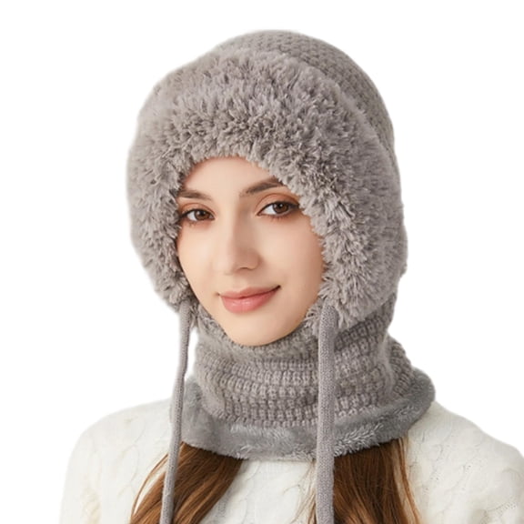 3 in 1 Beanie Hat for Women, Womens Balaclava Winter, Cold Knitted Hats Wind Resistant Hooded Scarf, Thick Plush-Lined