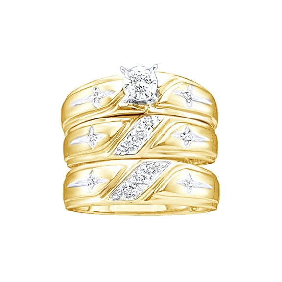AFFY White Natural Diamond Wedding & Engagement Trio Band Ring Set In 10k Yellow Gold (0.2 Cttw)