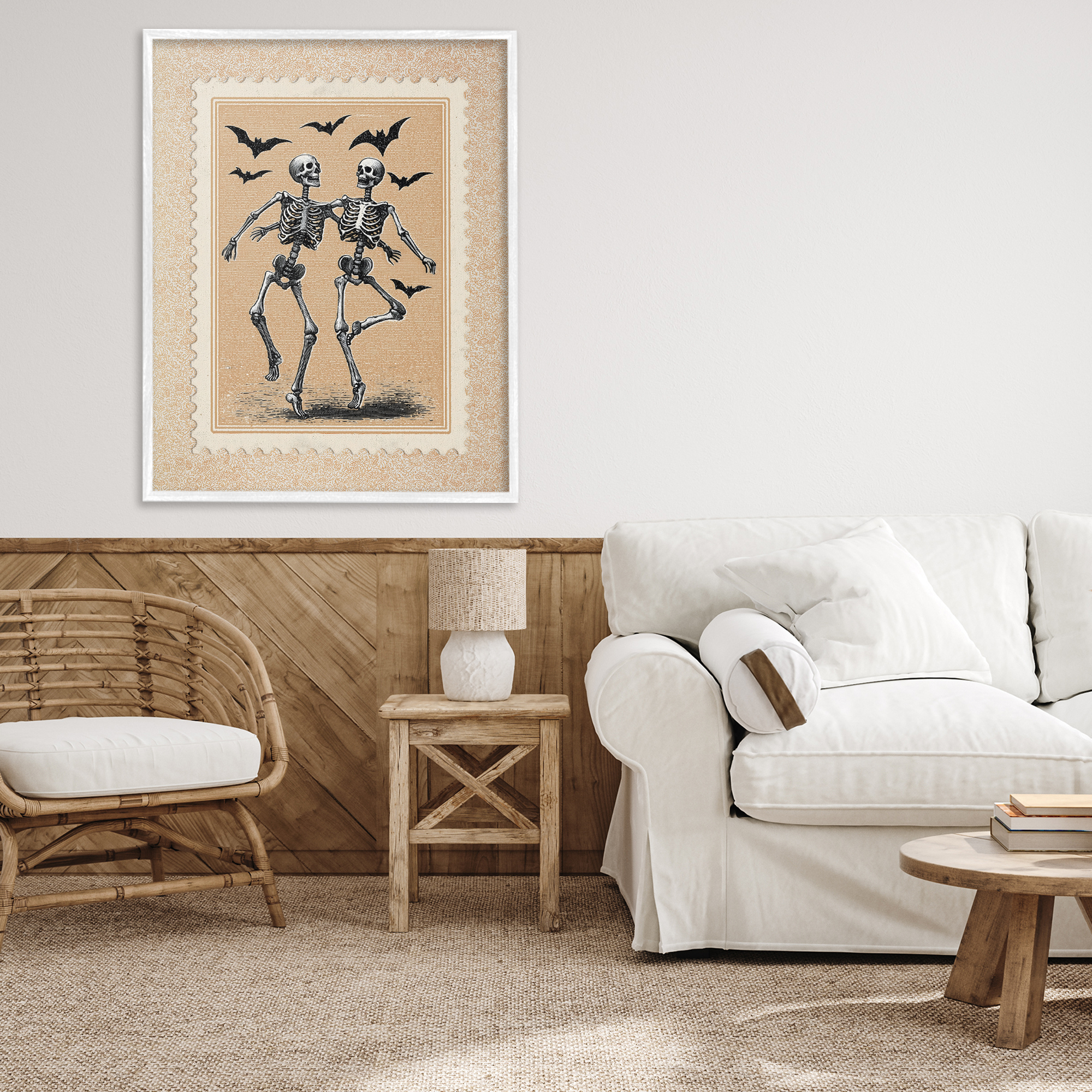 Vintage Dancing Skeletons Stamp White Framed Giclee Art, design by Arlington Prints