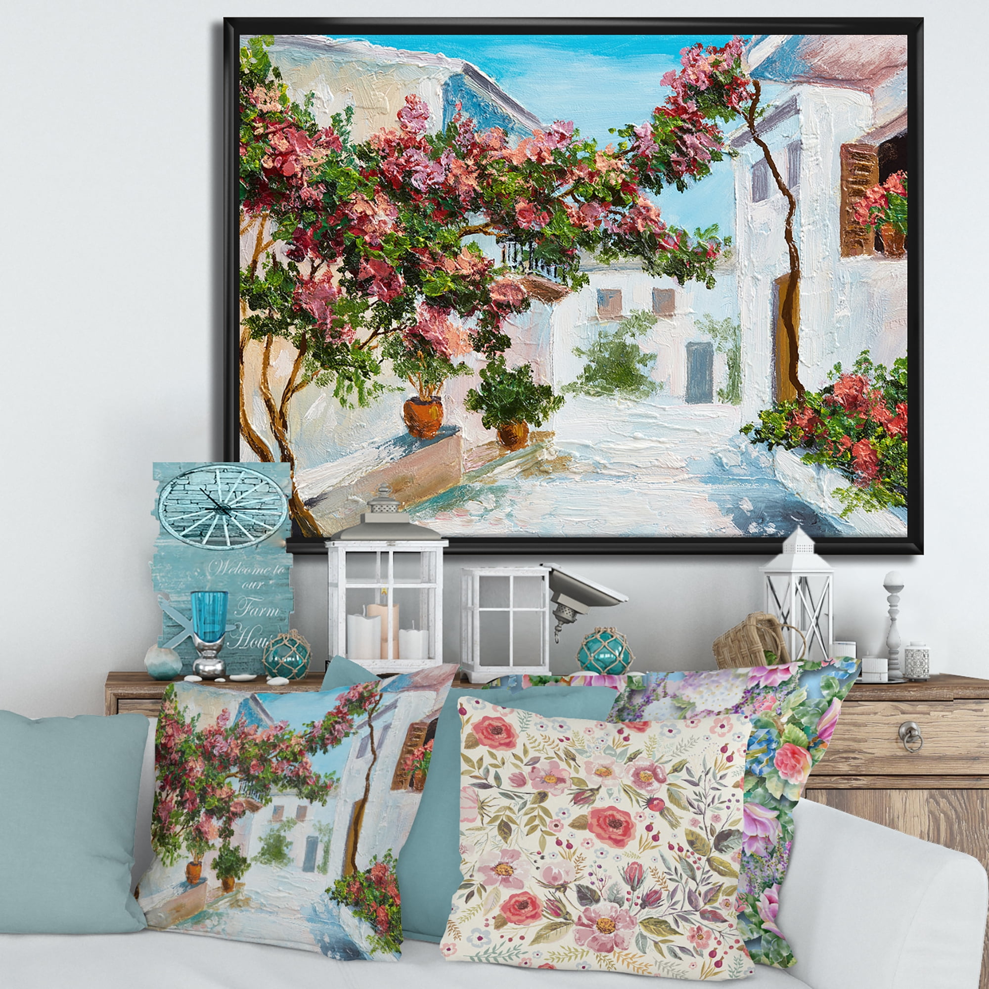Designart 'Blossoming Flowers With White House Near The Sea' Nautical & Coastal Framed Canvas Wall Art Print