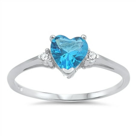 Aquamarine Solitaire - Sterling Silver Women's Flawless Simulated Aquamarine Cubic Zirconia Promise Heart Solitaire Ring (Sizes 3-12) (Ring Size 11)