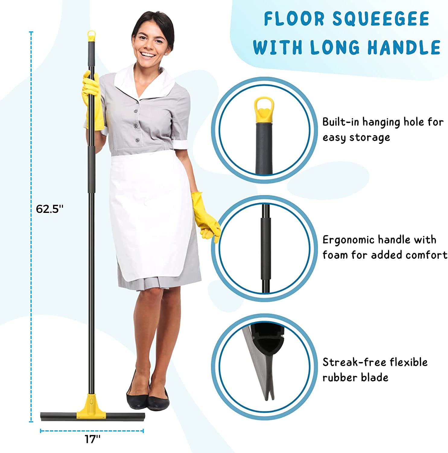 Water Squeegee with Telescoping Long Handle, Shower/Concrete  Floor/Kitchen/Wood Floors, Flexible Squeegee Broom for Floor Water with  Replacement Blade