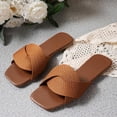 thumbnail image 6 of GERsome Womens Square Open Toe Sandals Summer Comfort Slip On Beach Flat Slide Sandals, Brown Size 6.5, 6 of 9