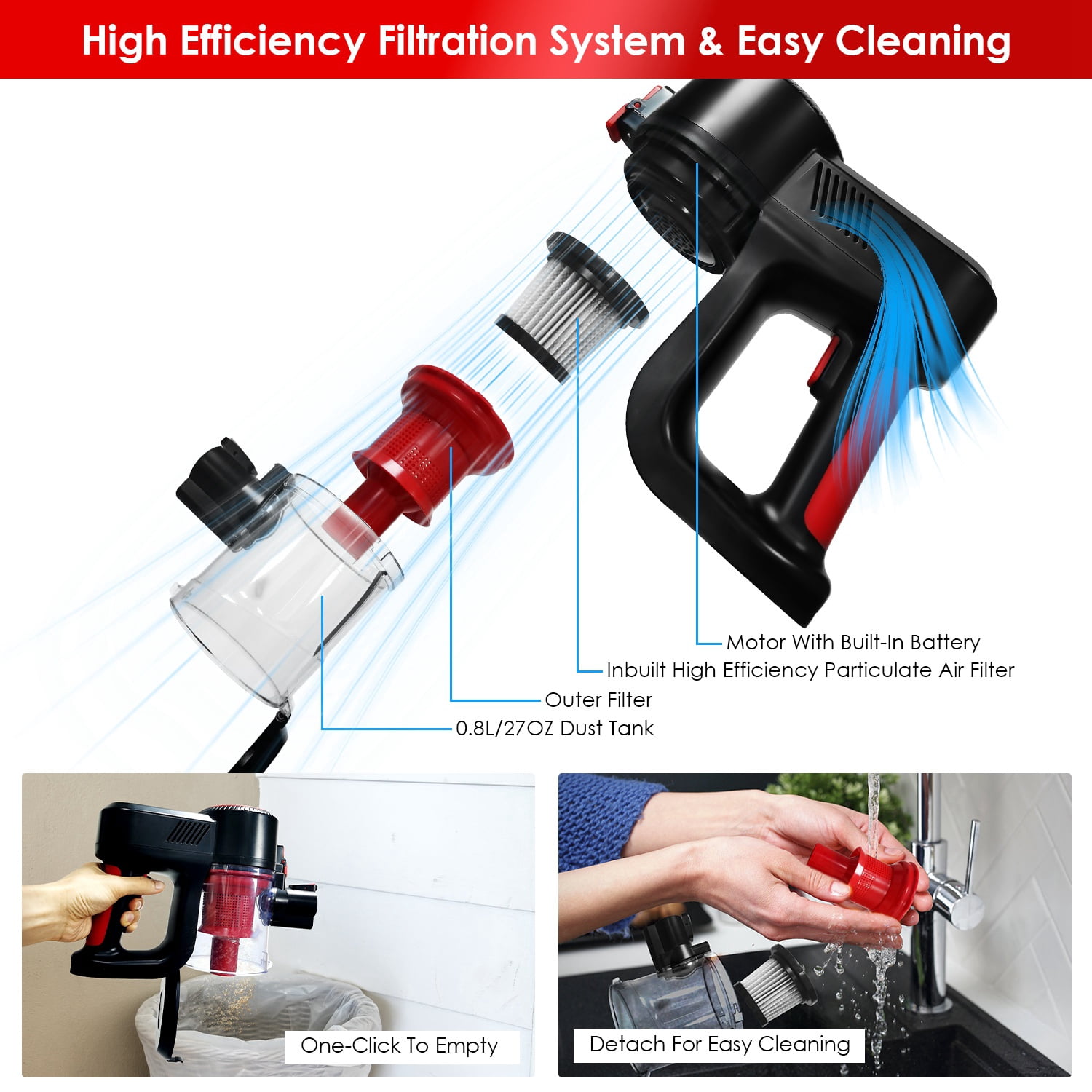 Battery Powered Cordless Vacuum Cleaner, Lightweight Upright Handheld Floor Vacuum