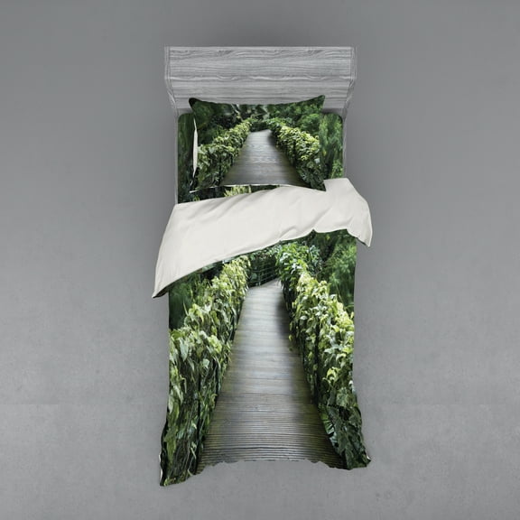Ambesonne East Bedding Set 3 Pcs, Scenic Pathway in Singapore, Twin XL, Green Brown Fern Green